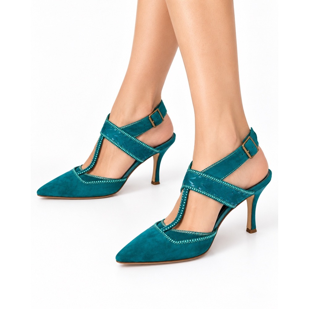 Manolo Blahnik T-Strap Pumps Women 39 Teal Good Suede Whipstitch Pointed Toe